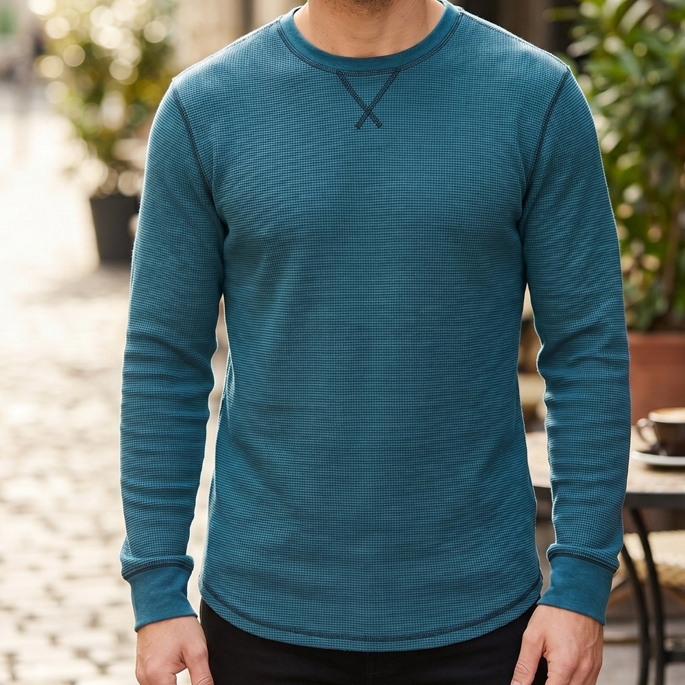 Helix Mens Waffle Knit Thermal Long Sleeve Shirt Teal Blue Crew Neck 4935